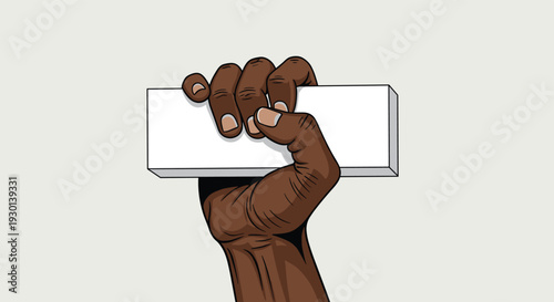 Strong hand with dark skin firmly holding rectangular white block representing construction building or power concepts in art.