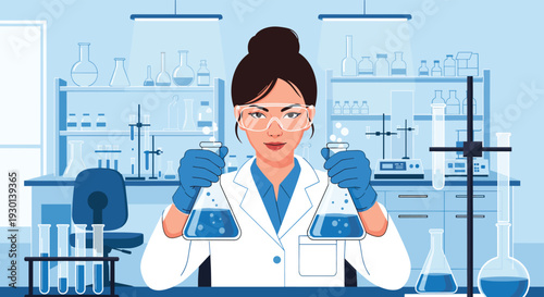 Female scientist wearing goggles and gloves holding two glass flasks with blue liquid in modern chemical research laboratory.