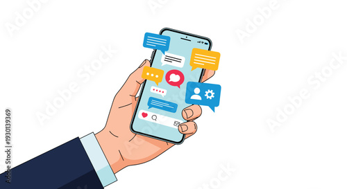 Close up of hand holding smartphone with various social media notification bubbles like chat heart and settings icons on screen.