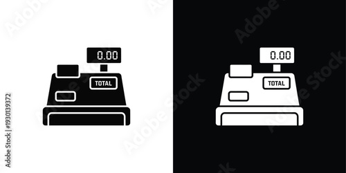 White and black cash register with total and 0.00 display on screen