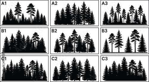 Pine and spruce forest silhouette set, coniferous woodland trees landscape collection, evergreen timber nature outlines, fir tree wilderness horizons for outdoors graphic design projects