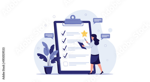 Businesswoman using pen to check off items on large checklist clipboard with star and speech bubbles around her in office.