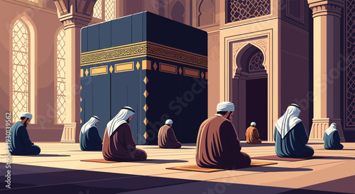 Group of Muslim men in traditional clothing kneeling and praying inside the Grand Mosque in Mecca near the sacred Kaaba.