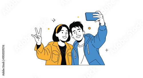 Happy young man and woman taking selfie together while smiling and making peace sign with their fingers for social media.