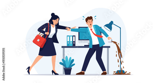 Stressed businessman accidentally spilling coffee on his laptop at desk while woman tries to help him in busy office room.