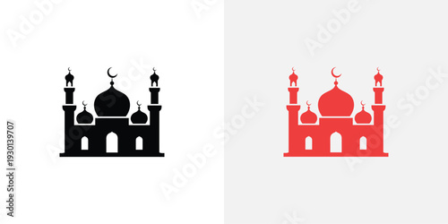 Black and red mosque silhouettes with domes and minarets