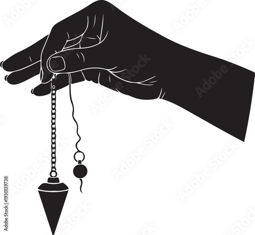 Mystical hand holding a black pendulum for divination, hypnosis, and spiritual practices. Silhouette style for esoteric and occult themes.