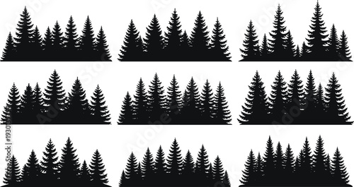 Pine and spruce forest silhouette set, coniferous woodland trees landscape collection, evergreen timber nature outlines, fir tree wilderness horizons for outdoors graphic design projects