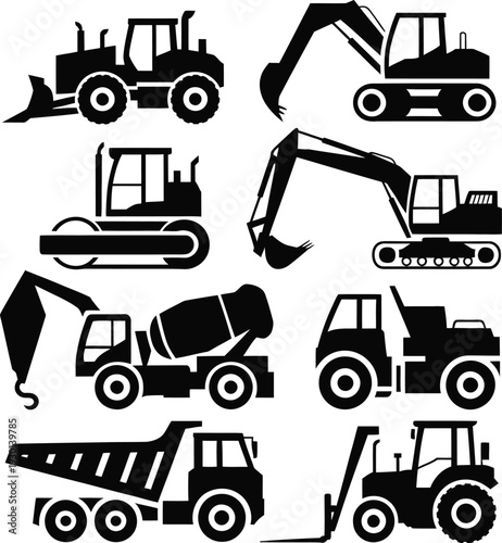 Collection of black construction vehicle silhouettes on a white background