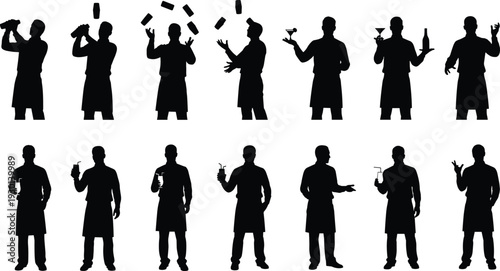 Collection of bartender silhouettes mixing cocktails and juggling bottles in various poses isolated on white background, black vector illustration set