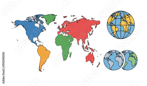 A colorful vector graphic illustration of the world map and globes