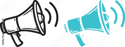 Two colorful megaphones with sound waves isolated on transparent background