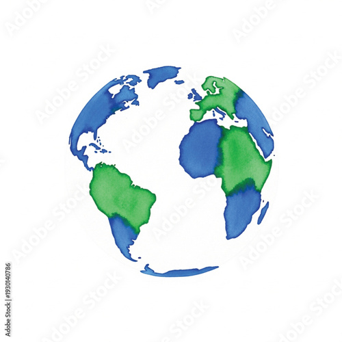 Artistic watercolor illustration of planet Earth, showcasing continents in green and oceans in blue on a white background.