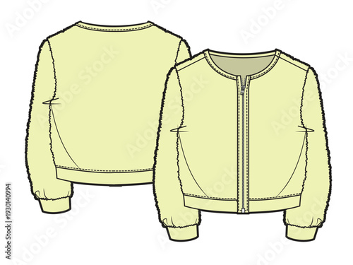 Girls fleece jacket technical illustration vector mockup template.
