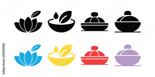 Colorful icons of bowls and lotus flowers in various styles and colors