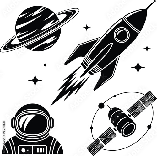 Space themed silhouette collection featuring a rocket astronaut planet and satellite