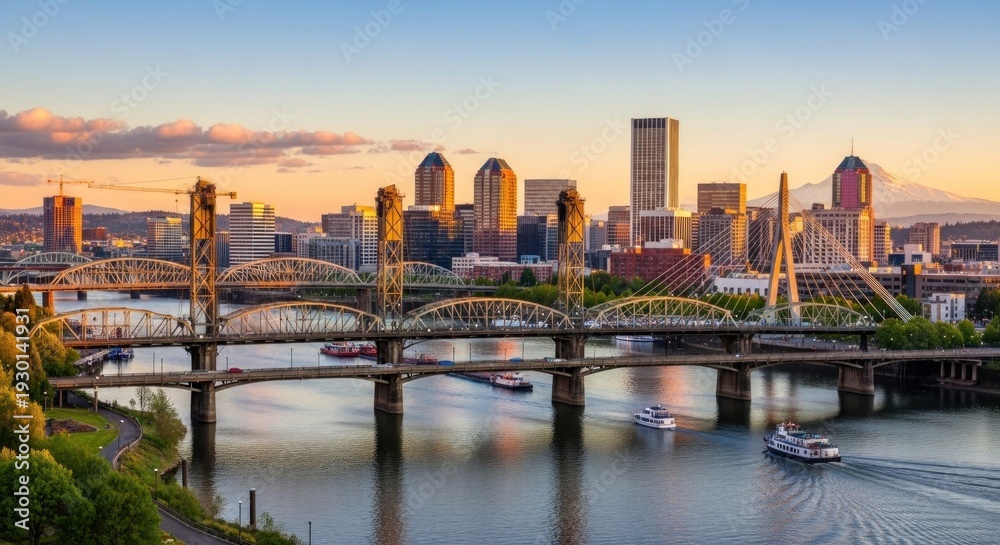 Naklejka premium Portland, Oregon skyline with Willamette River and Hawthorne Bridge at sunset