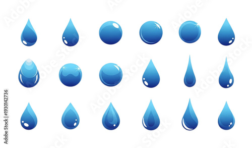 A vector graphic illustration of blue water droplets on a white background