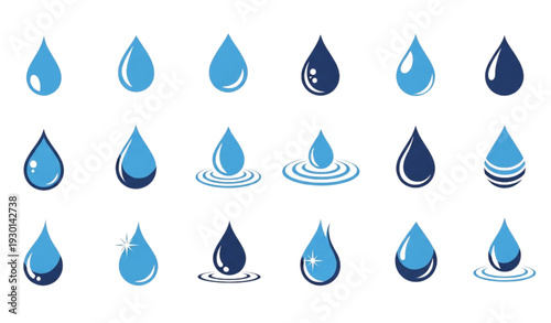 A set of blue water drop icons in various styles and designs