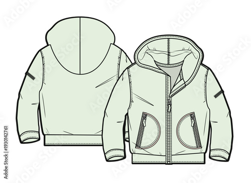 Baby hoodie vector design mockup template technical flat drawing.