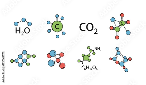 A colorful vector graphic illustration of various molecular structures and chemical compounds