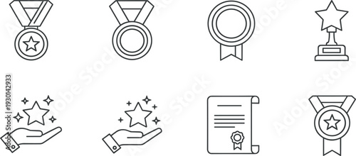 Award and Recognition Line Icons Set with Medal Trophy Star Certificate and Appreciation