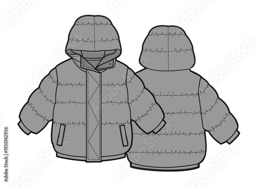 Kids puffer jackets vector template technical design by adobe illustrator.