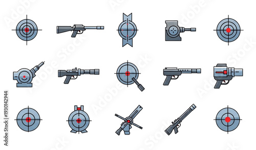 A collection of vector graphic icons depicting various gun and target silhouettes