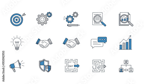 A set of business and marketing icons in a flat design style