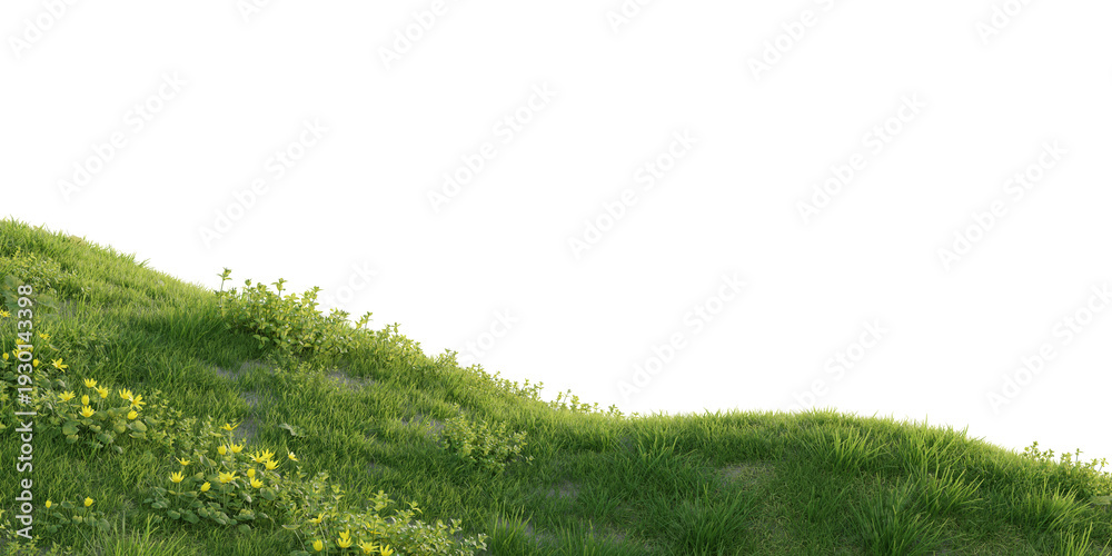 Fototapeta premium Verdant Hill Blooming with Yellow Flowers in Spring. 3D render. 