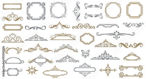 Decorative borders and frames, ornate vintage ornaments, elegant swirls, floral motifs, filigree accents, page embellishments, intricate designs for invitations and certificates