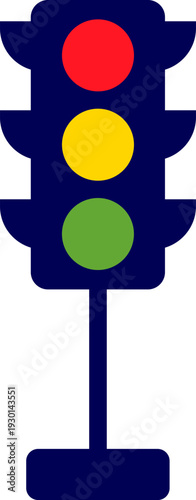 Traffic light with stand. Traffic light isolated icon. Green, yellow, red lights vector illustration on white background. Road Intersection, regulation sign, traffic rules design element.