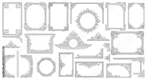 Collection of ornate decorative borders and frames in a classic vintage style for graphic design projects, isolated on a white background