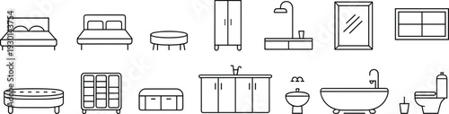 Home furniture and bathroom fixtures outline icon set including bed, wardrobe, sink, bathtub and toilet for interior planning and household design isolated background