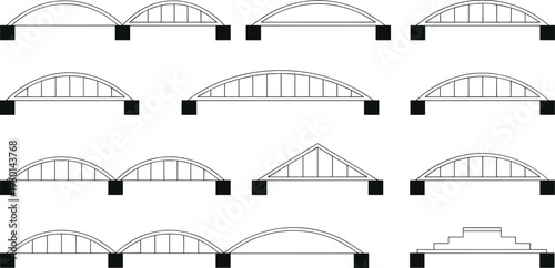 Set of bridge structure designs featuring arch, truss and beam constructions in outline vector style for civil engineering, transportation and infrastructure planning isolated background