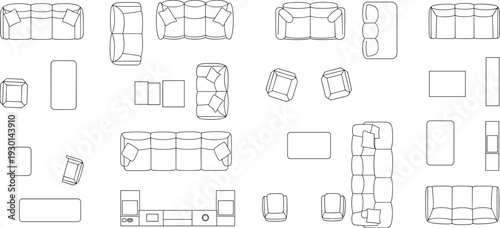 Top view sofa and living room furniture layout set in outline vector style for interior planning, home decor arrangement and architectural floor design projects