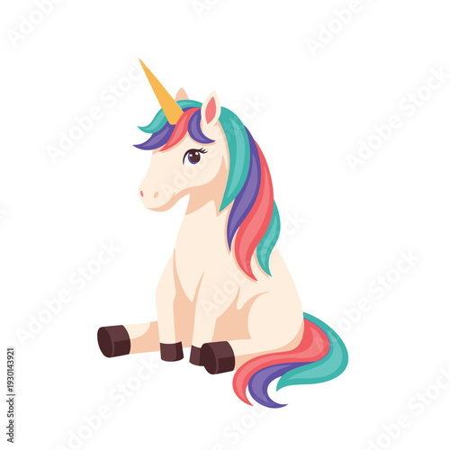 Cute Sitting Unicorn with Colorful Mane and Tail for Kids