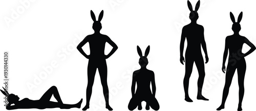 Bunny ear silhouettes, playful character illustration, human figure poses artwork, costume design concept, festive theme vector, creative posture art, decorative icon