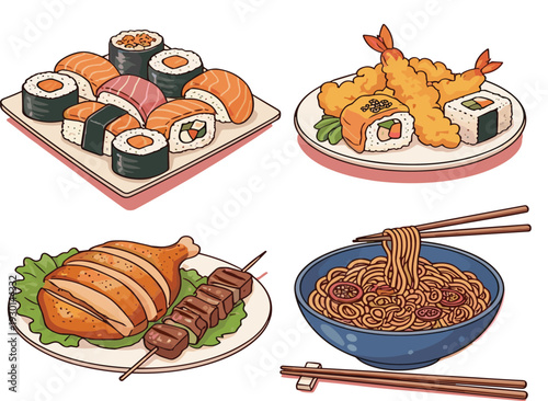 Japanese Sushi, Tempura and Ramen Vector Set with Grilled Chicken and Skewers Illustration