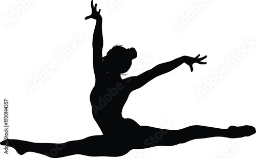 Black vector silhouette of a female gymnast performing a leap with a full split for concepts of dance athleticism and branding