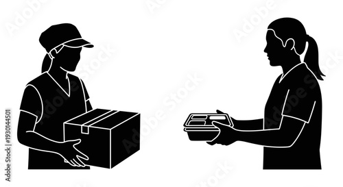 Delivery person handing over a package to a customer at their doorstep Vector, illustration