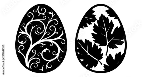 Eggs adorned with intricate black and white decorative patterns resembling floral and foliage motifs Vector, illustration