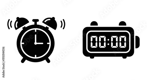 Two different types of analog and digital alarm clocks depicted in black and white Vector, illustration