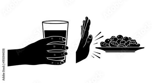 A hand reaching for a glass of liquid while berries are being offered instead. Vector, illustration