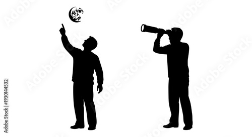 Two figures observing the moon with a telescope and a pointing gesture. Vector, illustration