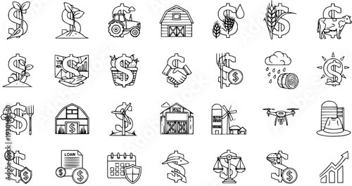 Agricultural Finance and Farm Investment Line Icons Set - Economy, Growth, and Rural Business Concepts