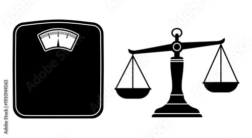 Balancing health and justice with scales and a weighing device Vector, illustration