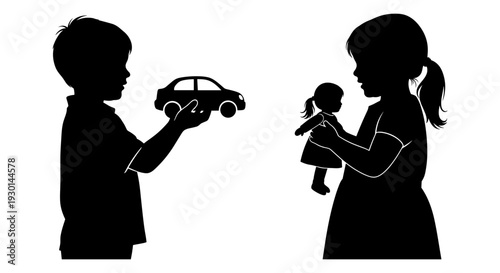 Children exchanging a toy car and doll as a friendly gesture Vector, illustration