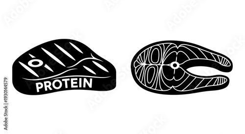 Protein supplement pills and a stylized protein molecule illustration side by side Vector, illustration