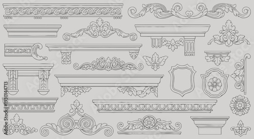 Collection of intricate ornamental decorative elements and architectural flourishes, featuring elegant scrolls, brackets, and moldings, presented in a clean vector style